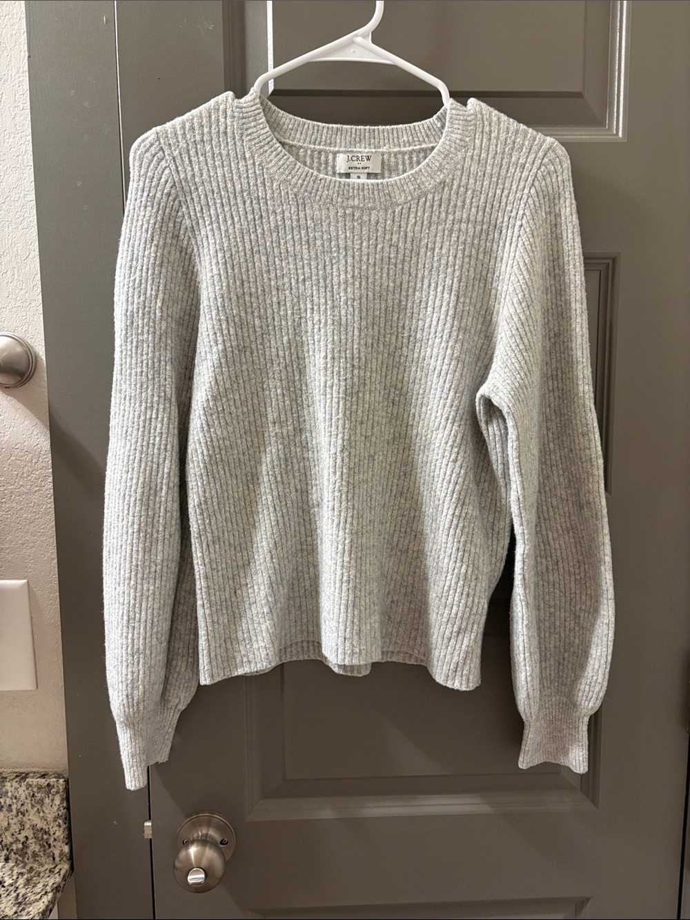 J. Crew Light Gray Ribbed Crewneck Sweater with Puffed Sleeves